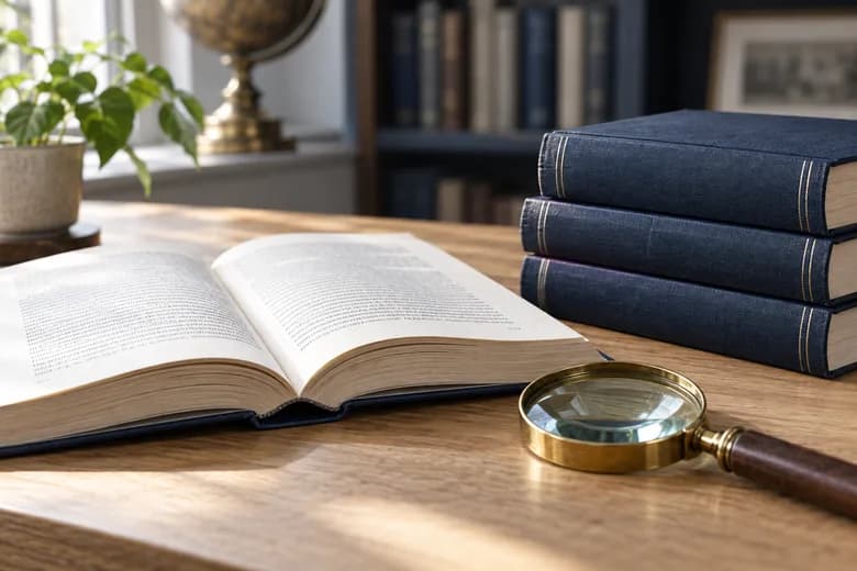 An open reference book, navy volumes, and a magnifying glass on a library desk