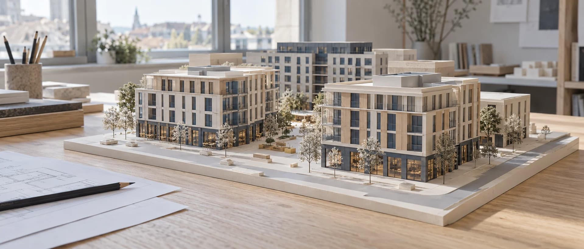 A physical architectural model of buildings around a pedestrian courtyard on a pale oak studio table