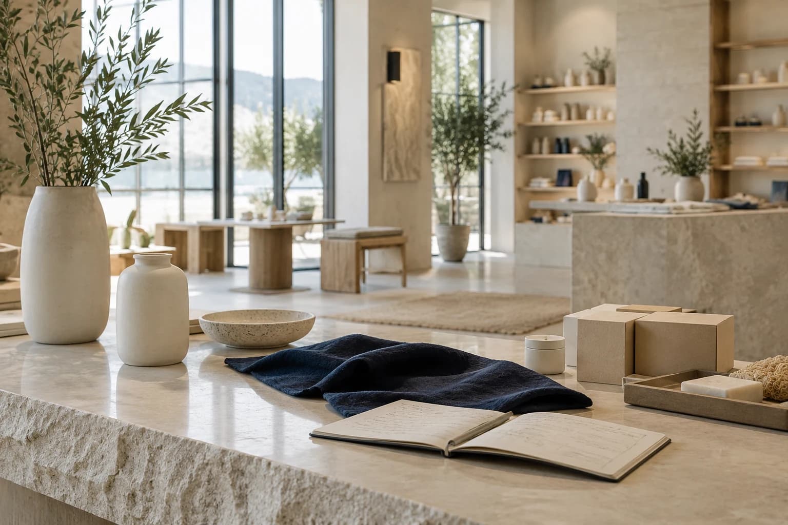 Unbranded consumer products and packaging in a sunlit studio