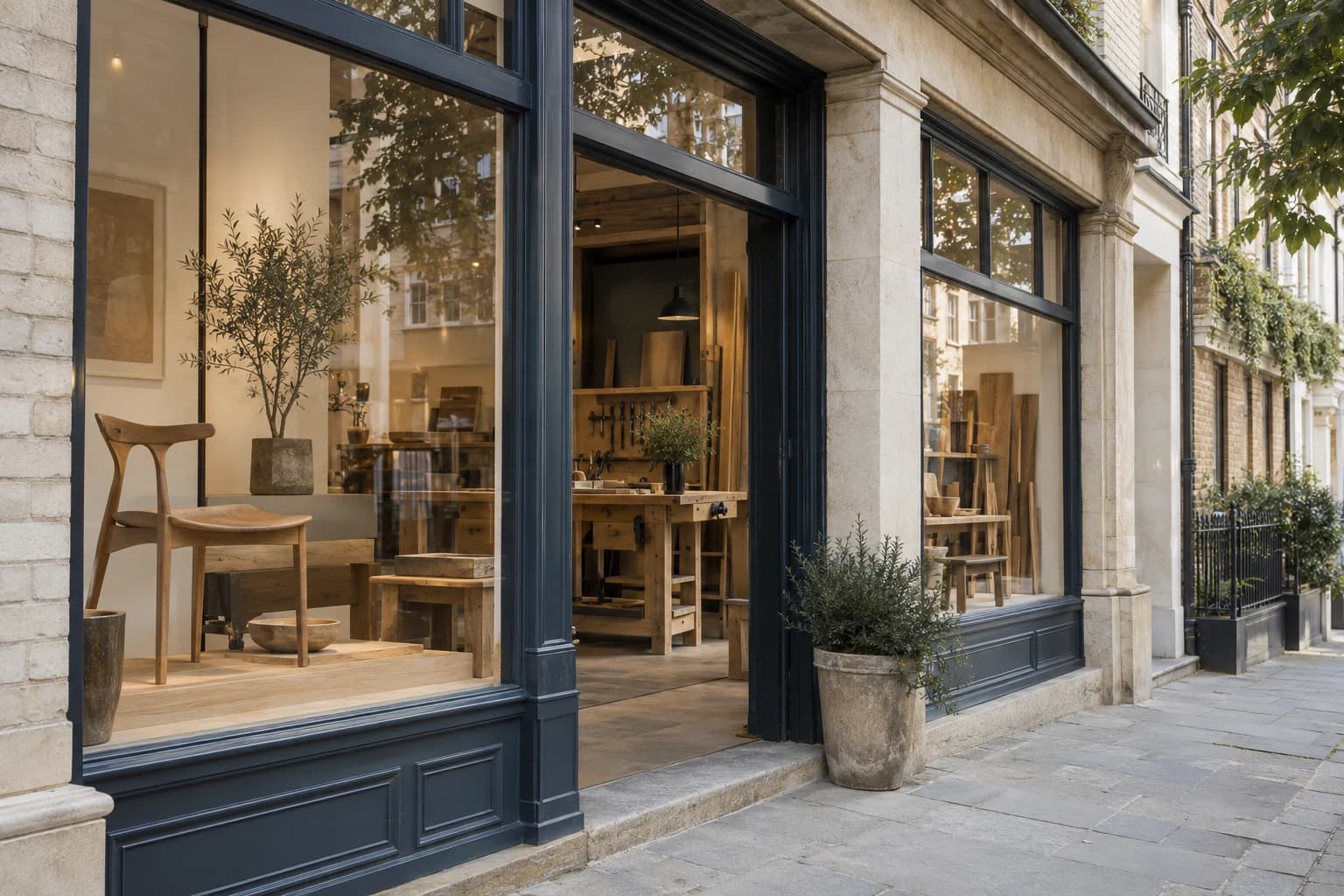 An independent neighborhood workshop with navy-framed windows