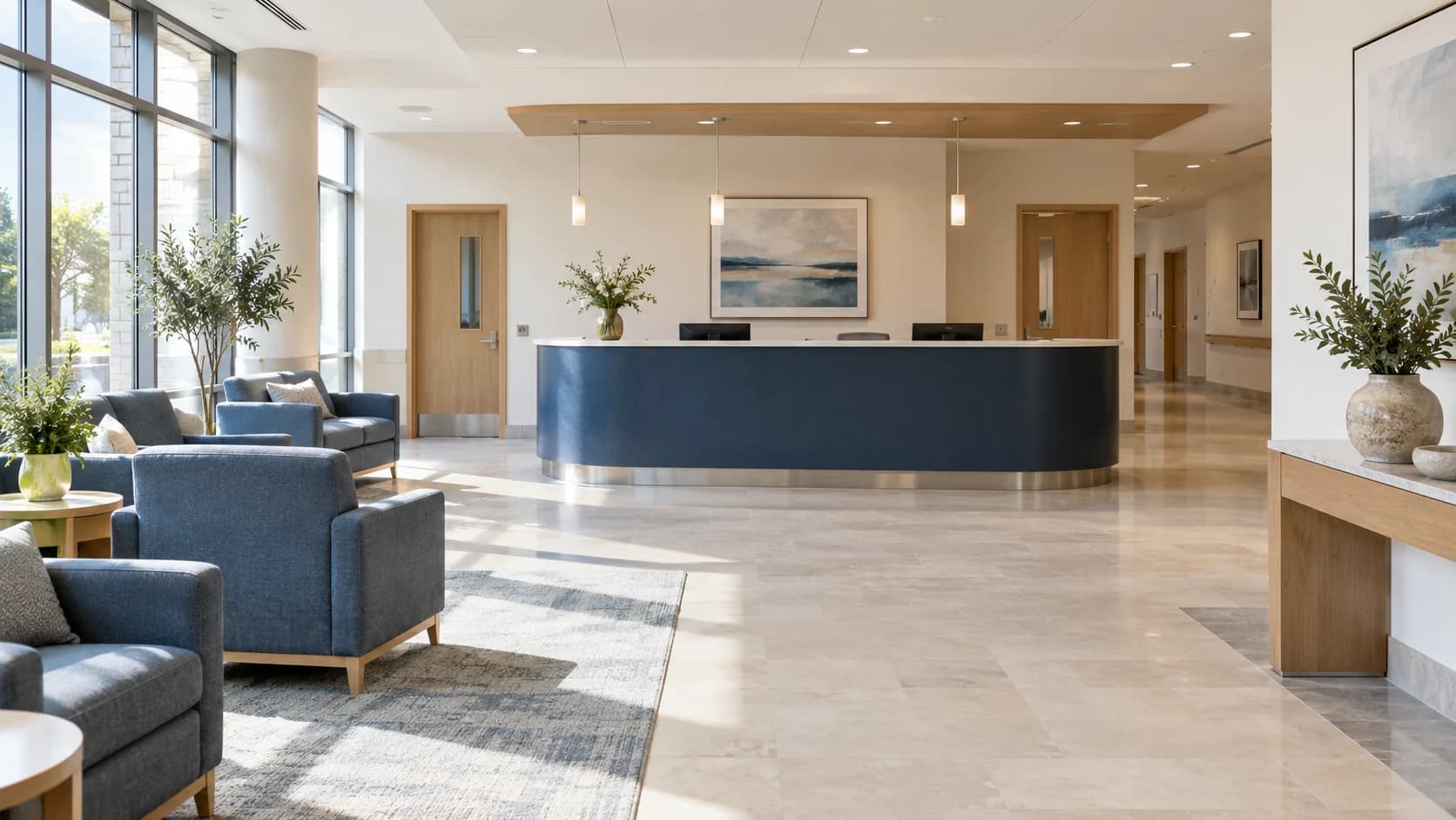 A welcoming hospital reception with a navy desk, slate-blue seating, and broad daylight windows