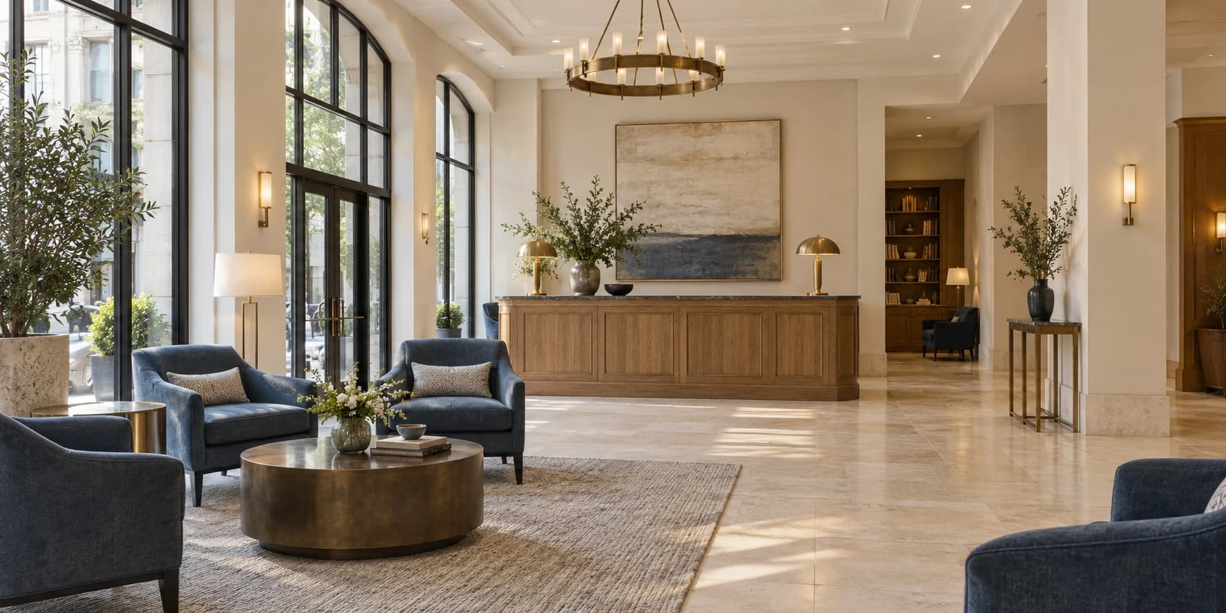 A welcoming hotel lobby with blue lounge chairs, warm stone floors, and an oak reception desk