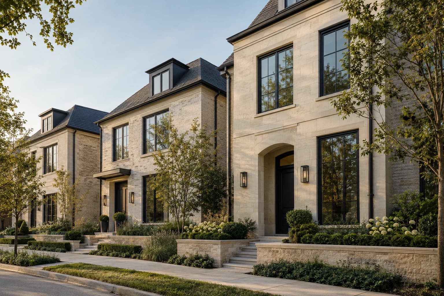 Contemporary limestone townhouses along a quiet residential street