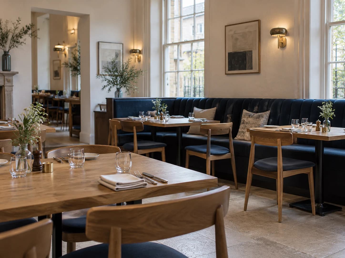 A welcoming restaurant dining room with navy seating, oak tables, and tall daylight windows