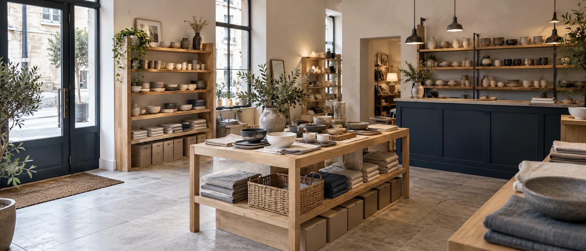 A welcoming homeware showroom with oak shelving, ceramics, textiles, and a navy counter