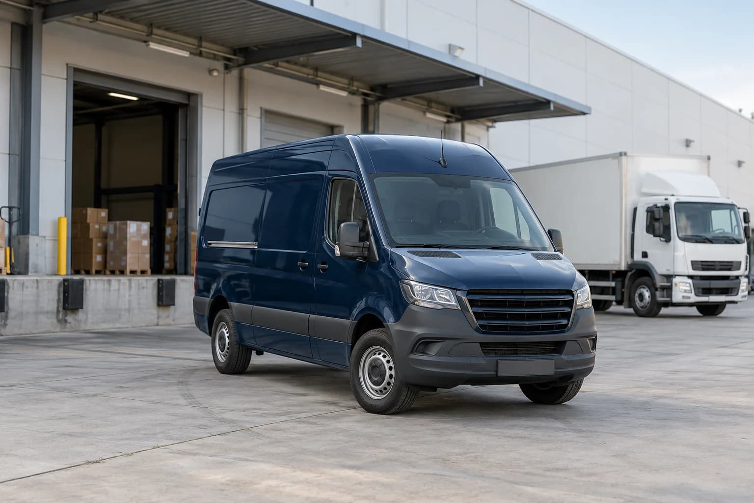 A navy delivery van and white truck outside a contemporary distribution warehouse